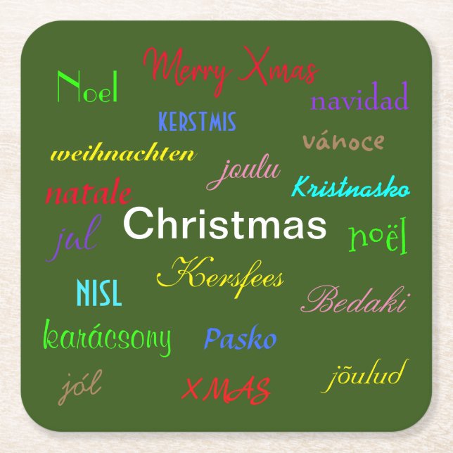 Christmas Around the World Modern Green  Square Paper Coaster (Front)