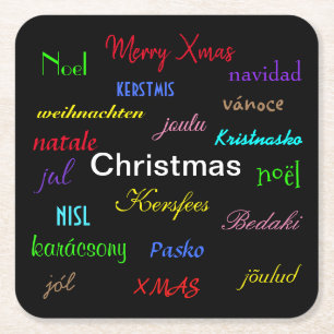 Christmas Around the World Modern in Black  Square Paper Coaster