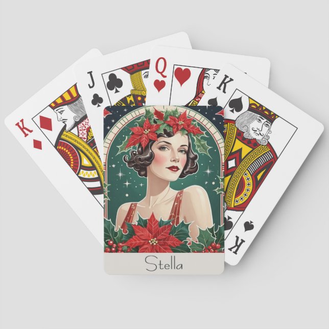 Christmas Art Deco Inspired Portrait Lady Retro Poker Cards (Back)