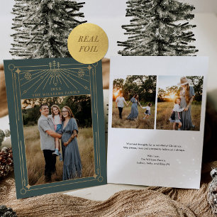 Christmas Art Deco Line Art Green Photo Gold Foil Holiday Card