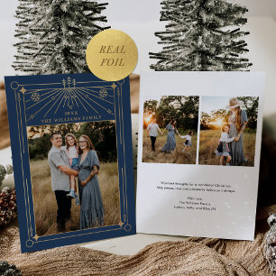 Christmas Art Deco Line Art Navy Blue Photo Gold Foil Holiday Card