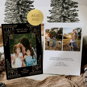 Christmas Art Deco Line Art Photo Black Gold Foil Holiday Card
