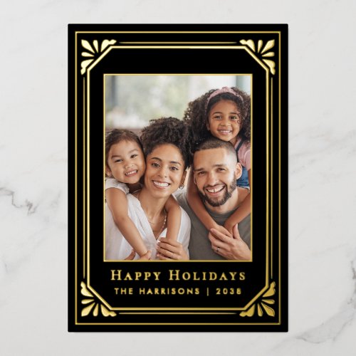 Christmas Art Deco Photo Black Gold Foil Holiday Card