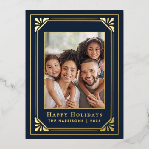 Christmas Art Deco Photo Blue Gold Foil Holiday Postcard