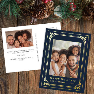 Christmas Art Deco Photo Blue Gold Foil Holiday Postcard