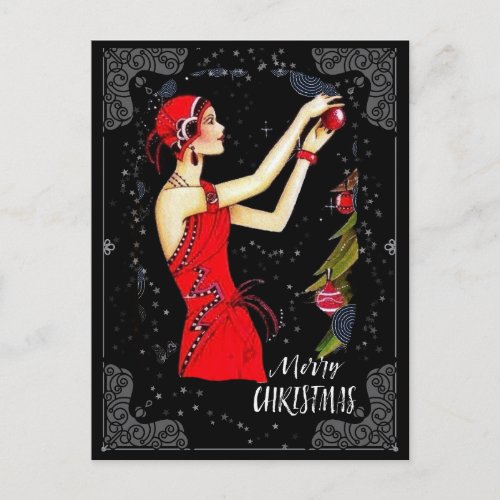 Christmas Art Deco Retro Vintage Lady Postcard