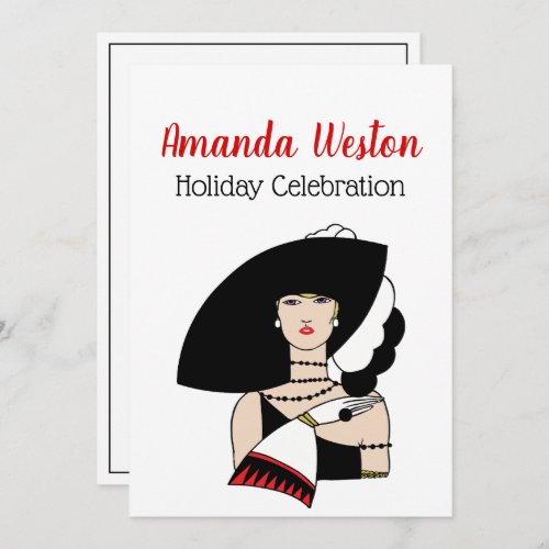 Christmas Art Deco Woman Wearing Hat Gloves Color Invitation