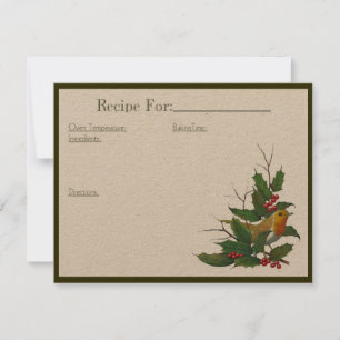 Christmas Art Recipe Card: English Robin, Holly Invitation