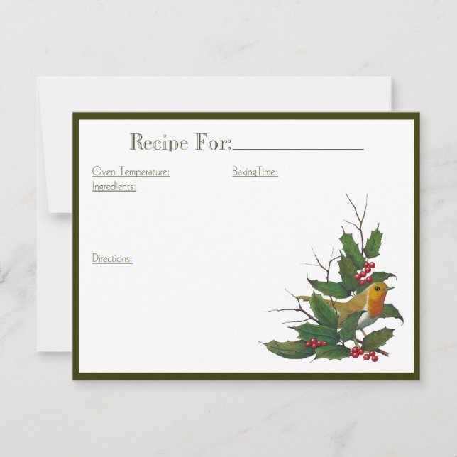 Christmas Art Recipe Card: English Robin, Holly Invitation (Front)