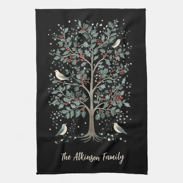 Christmas Arts and Crafts Bird Tree Kitchen Towel (Vertical)