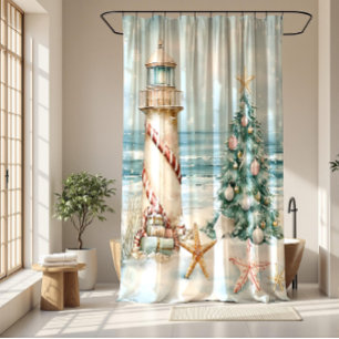 Christmas at the Beach - Lighthouse Christmas Tree Shower Curtain