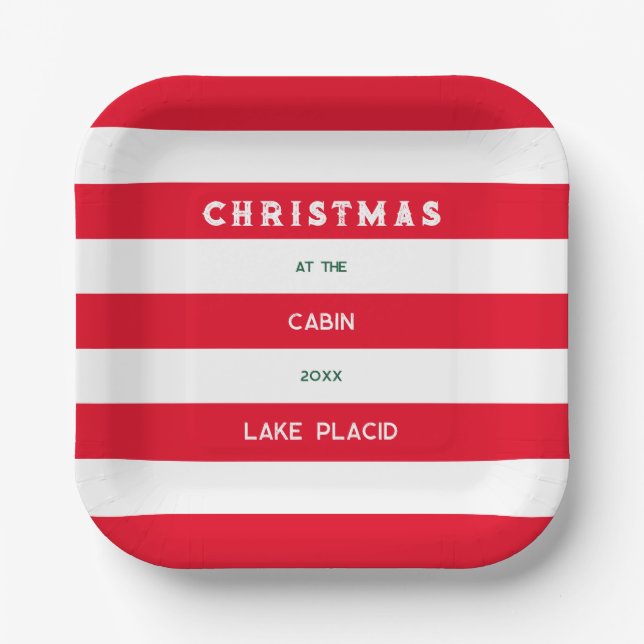 Christmas At The Cabin Red Nautical Stripe Lake Paper Plates (Front)