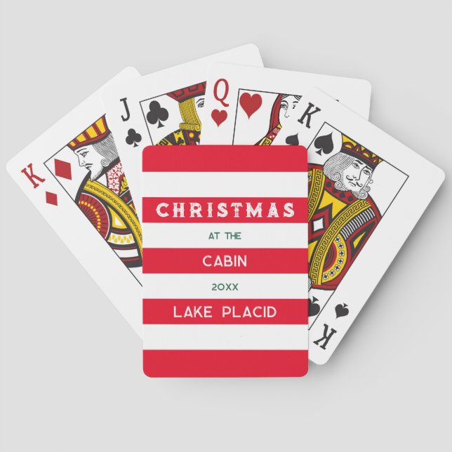 Christmas At The Cabin Red Nautical Stripe Lake Poker Cards (Back)
