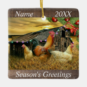 Christmas At The Chicken Coop Rooster Hens Ceramic Ornament