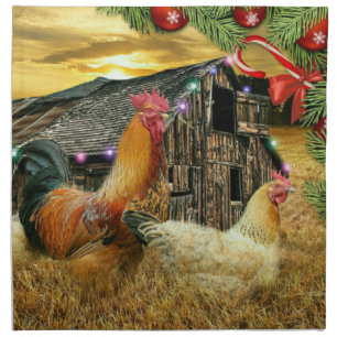 Christmas At The Chicken Coop Rooster Hens Cloth Napkin
