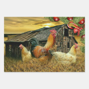 Christmas At The Chicken Coop Rooster Hens Wrapping Paper Sheets