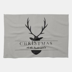 christmas at the... rustic, woodland, stag kitchen towel