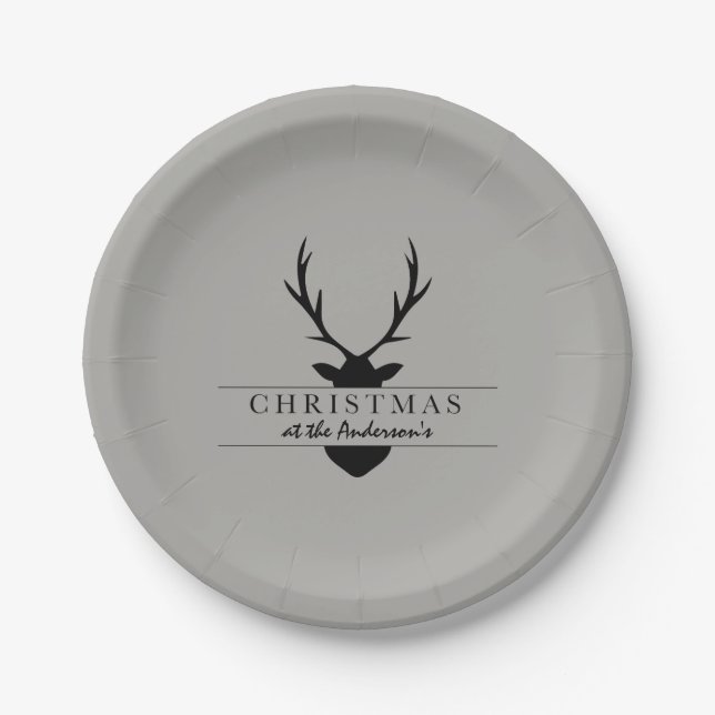 christmas at the... rustic, woodland, stag paper plates (Front)