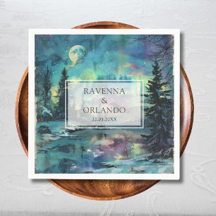 Christmas Aurora Moonlit Lake Forest Wedding Napkins