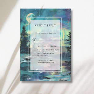 Christmas Aurora Moonlit Lake Forest Wedding RSVP Card