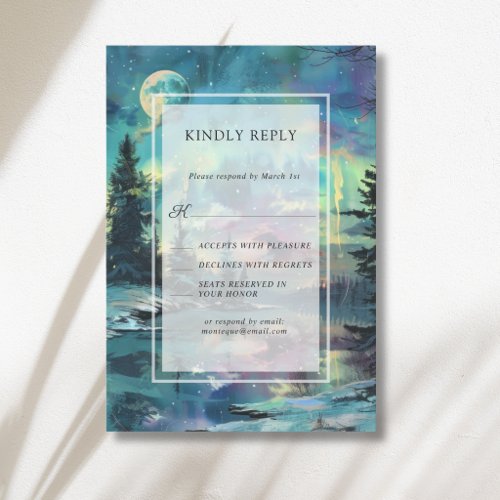 Christmas Aurora Moonlit Lake Forest Wedding RSVP Card