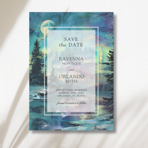 Christmas Aurora Moonlit Lake Forest Wedding Save The Date