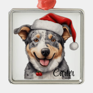 CHRISTMAS AUSTRALIAN CATTLE DOG WITH SANTA HAT METAL ORNAMENT