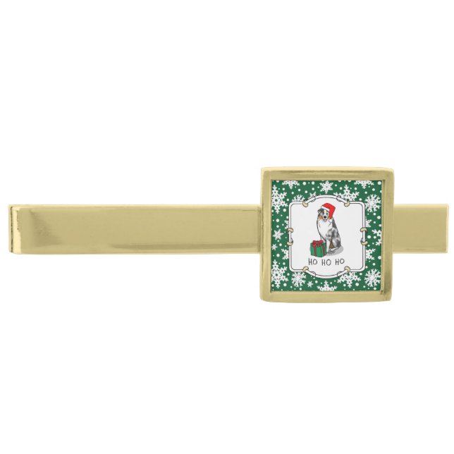 Christmas Australian Shepherd (blue merle tan/w 1) Gold Finish Tie Bar (Front)