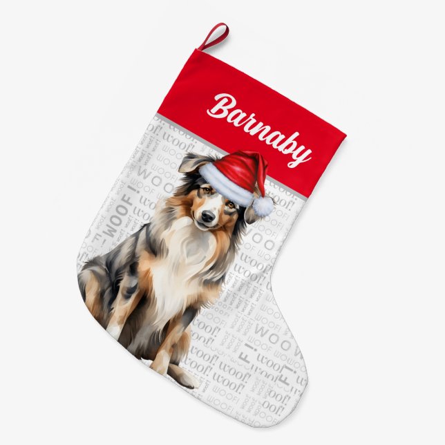 Christmas Australian Shepherd with Dog's Name Large Christmas Stocking (Front (Hanging))