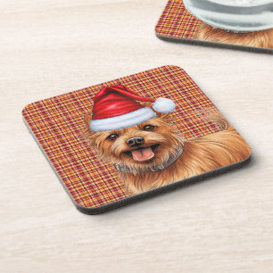 Christmas Australian Terrier Dog Plaid Holiday Beverage Coaster