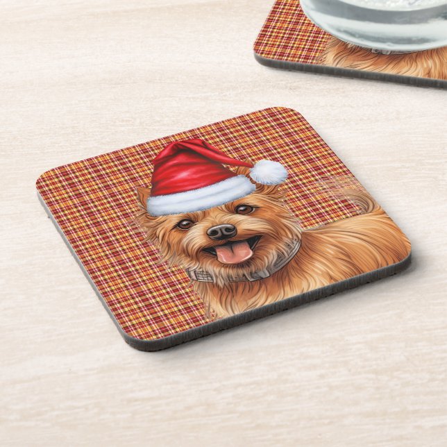 Christmas Australian Terrier Dog Plaid Holiday Beverage Coaster (Left Side)
