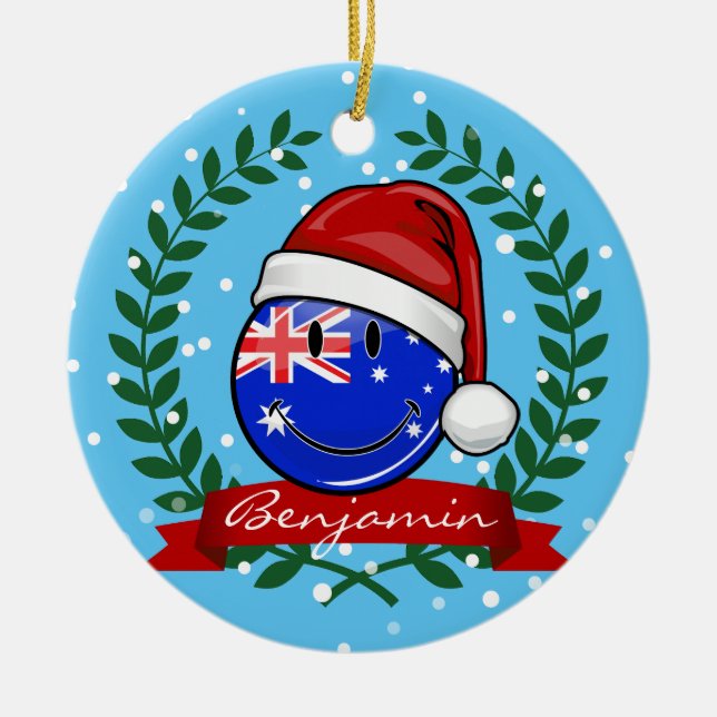 Christmas Auzzie style Smiling Australian Flag Ceramic Ornament (Front)