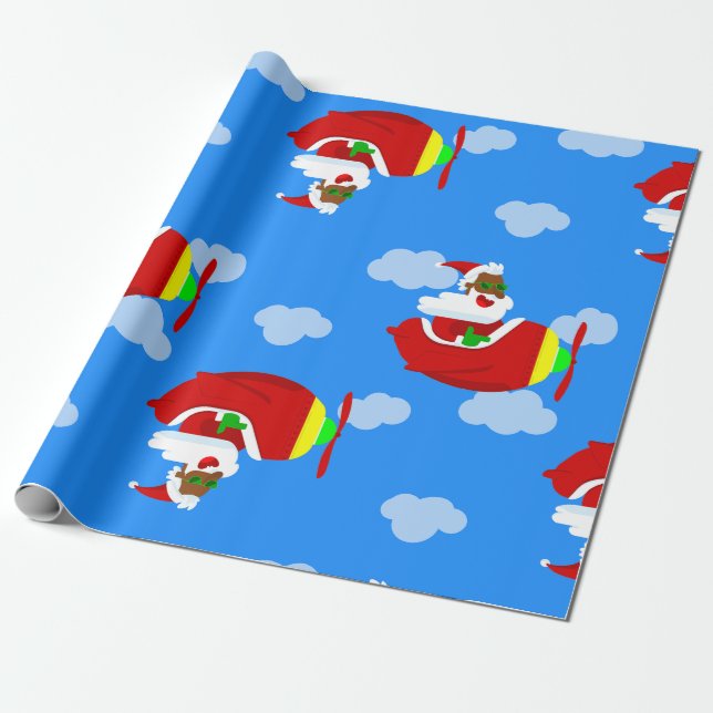 christmas aviator airplane pilot black santa cloud wrapping paper (Unrolled)
