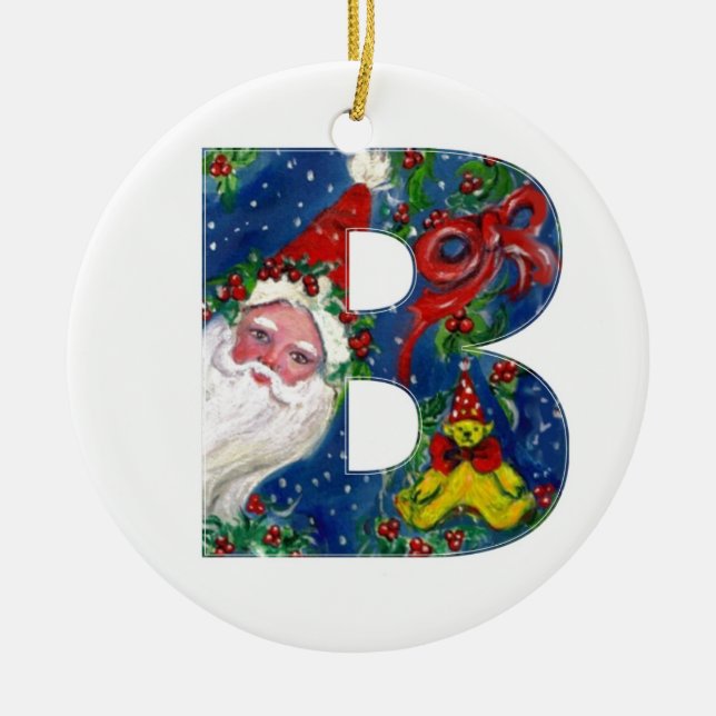 CHRISTMAS B LETTER / SANTA CLAUS WITH RED RIBBON CERAMIC ORNAMENT (Front)