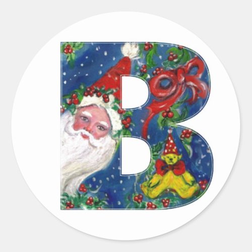 CHRISTMAS B LETTER  SANTA CLAUS WITH RED RIBBON CLASSIC ROUND STICKER