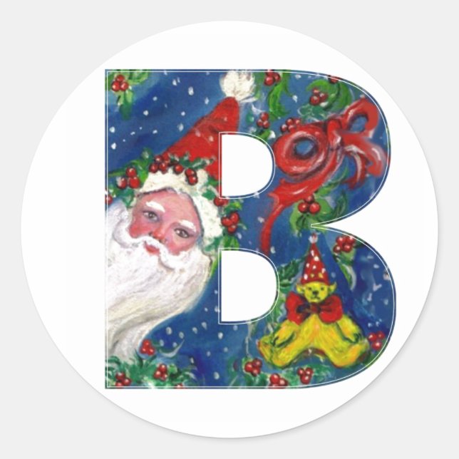 CHRISTMAS B LETTER / SANTA CLAUS WITH RED RIBBON CLASSIC ROUND STICKER (Front)