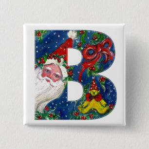 CHRISTMAS B LETTER / SANTA RED RIBBON MONOGRAM PINBACK BUTTON
