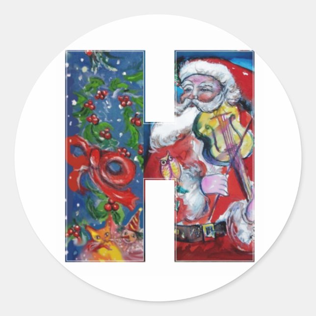 CHRISTMAS B LETTER  / SANTA WITH VIOLIN MONOGRAM CLASSIC ROUND STICKER (Front)