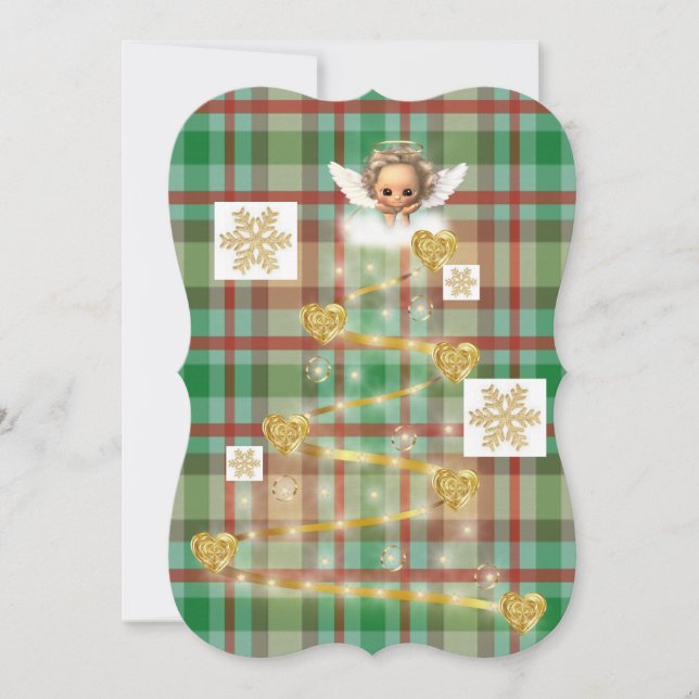 Christmas Baby Angel Gold Plaid Flat Greeting Card (Front)