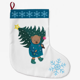 Christmas Baby Bear Christmas Tree Snowflakes.  Large Christmas Stocking