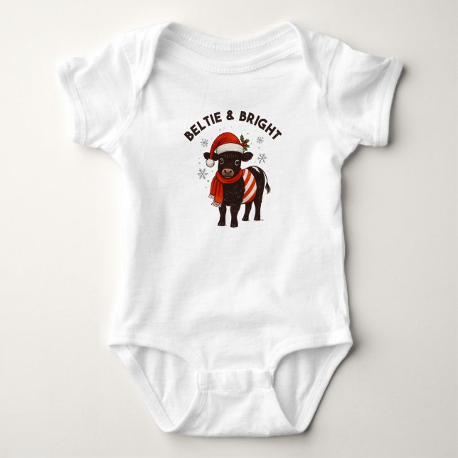 Christmas Baby Beltie Farmer Belted Galloway Cow Baby Bodysuit (Front)