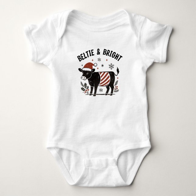 Christmas Baby Beltie Farmer Belted Galloway Cow Bodysuit (Front)