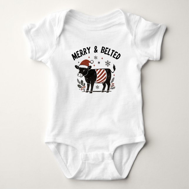 Christmas Baby Beltie Farmer Belted Galloway Cow Bodysuit (Front)