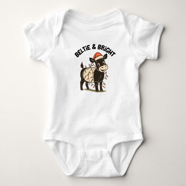 Christmas Baby Beltie Farmer Belted Galloway Cow Bodysuit (Front)