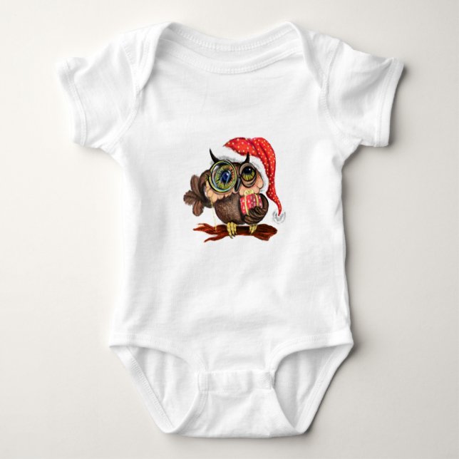 Christmas Baby Bodysuit Gift Baby Owl with Gifts (Front)