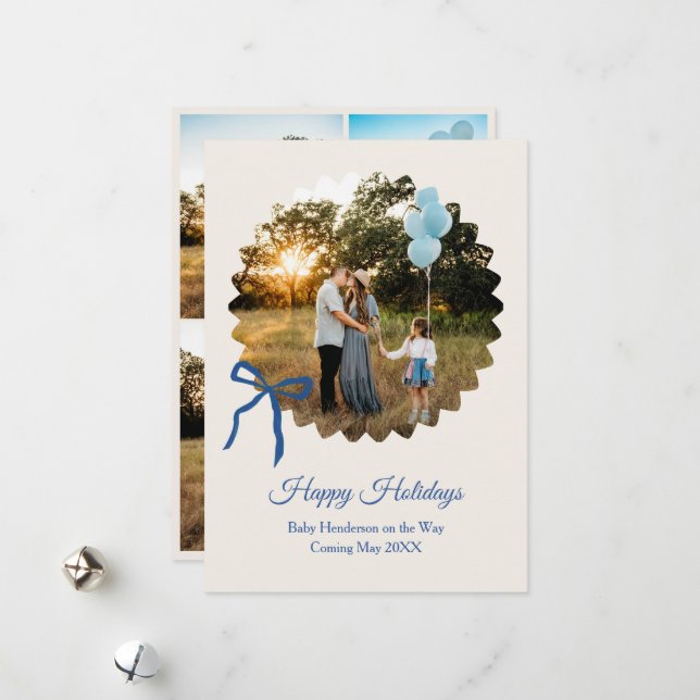 Christmas Baby Boy Announcement Blue Bow (Front/Back In Situ)