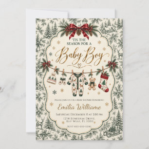 Christmas Baby Boy Winter Toile Clothesline Invitation
