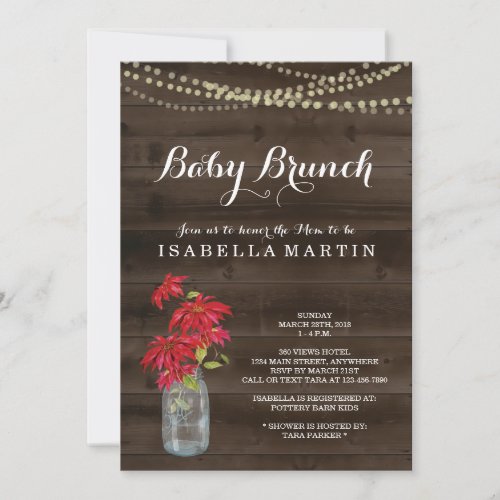 Christmas Baby Brunch Invitation - Poinsettia - Hand painted watercolor poinsettia and mason jar complemented by a rustic wood background, string lights, and beautiful calligraphy.