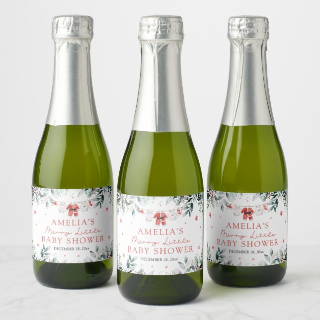 Christmas Baby Clothes Merry Little Baby Shower Sparkling Wine Label (Bottles)