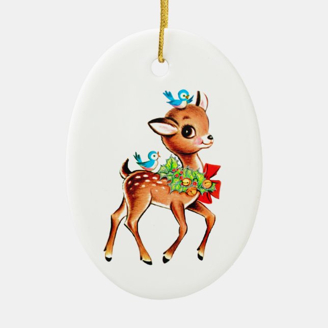 Christmas Baby Deer Fawn With Birds On Head Ceramic Ornament (Front)